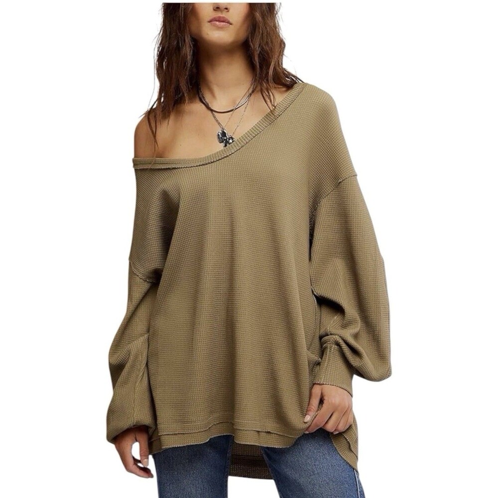 Free People We The Free Coast 2 Coast Thermal Waffle Knit Top Gothic Olive M